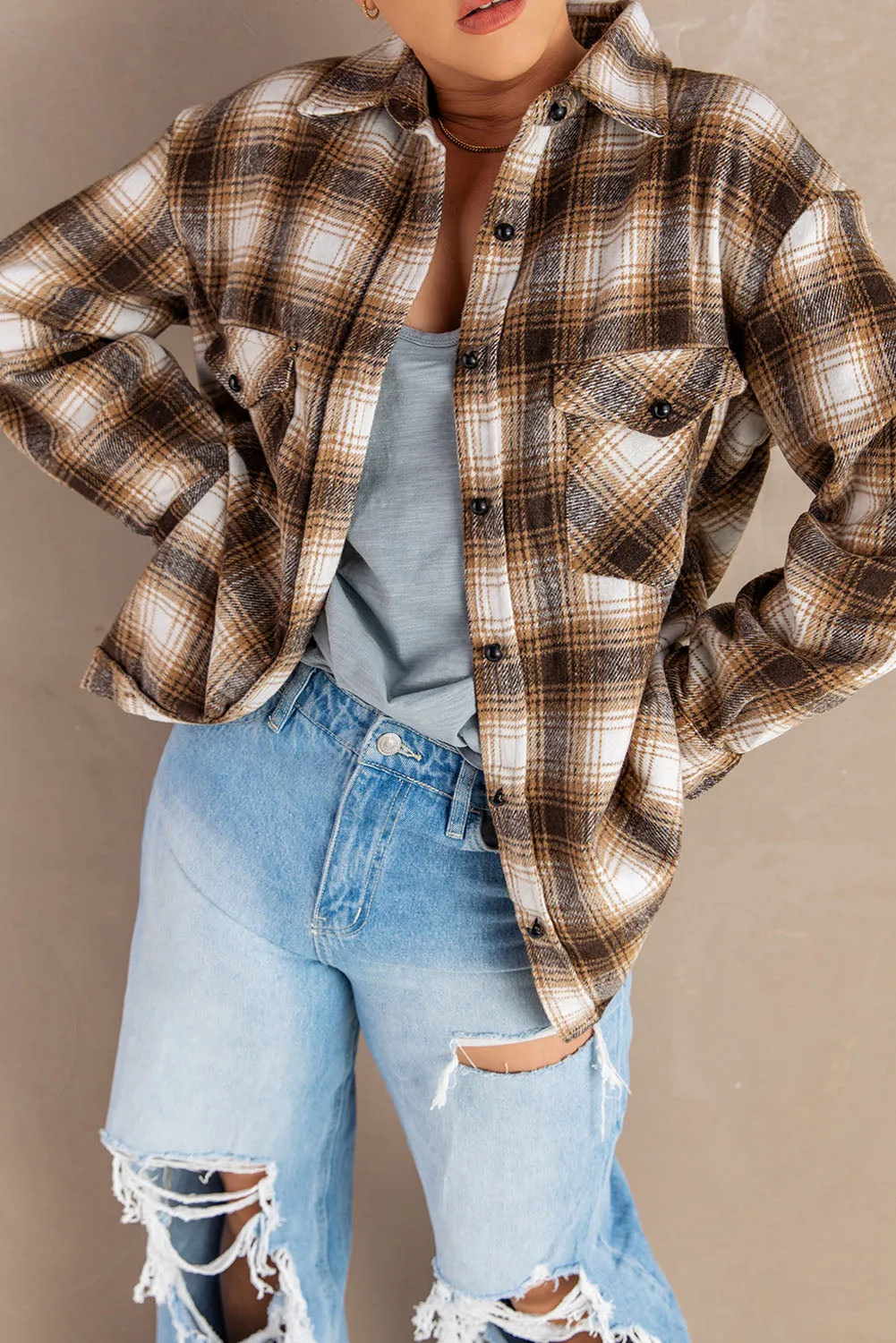 Button Up Collared Plaid Shirt for Women