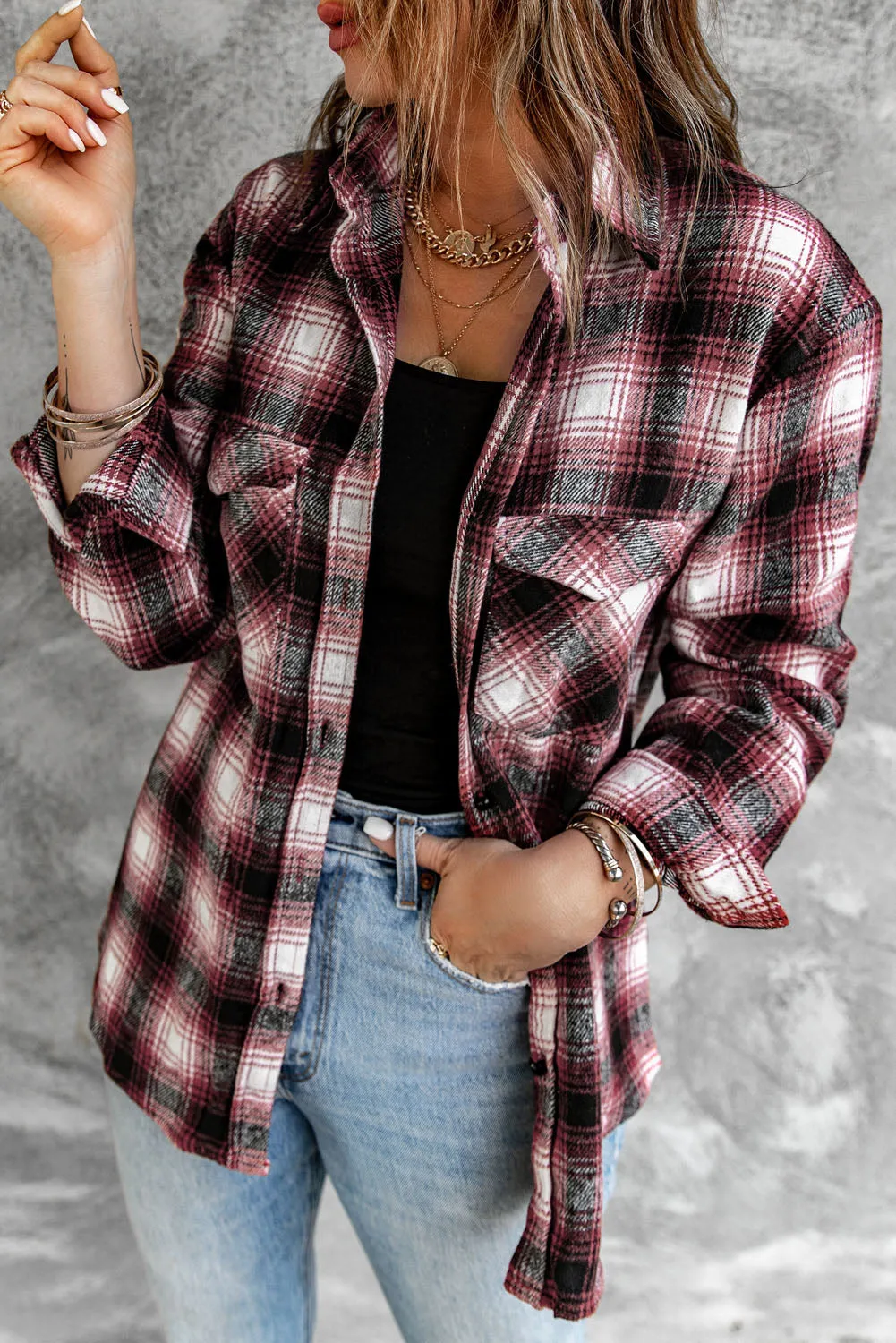 Button Up Collared Plaid Shirt for Women