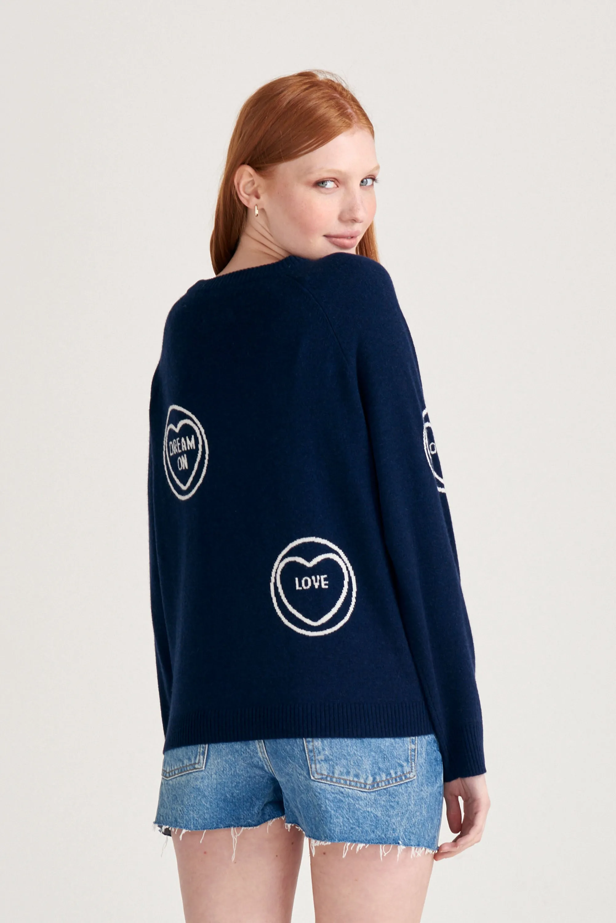 Cashmere All Over Love Hearts Sweat in Navy and Cream