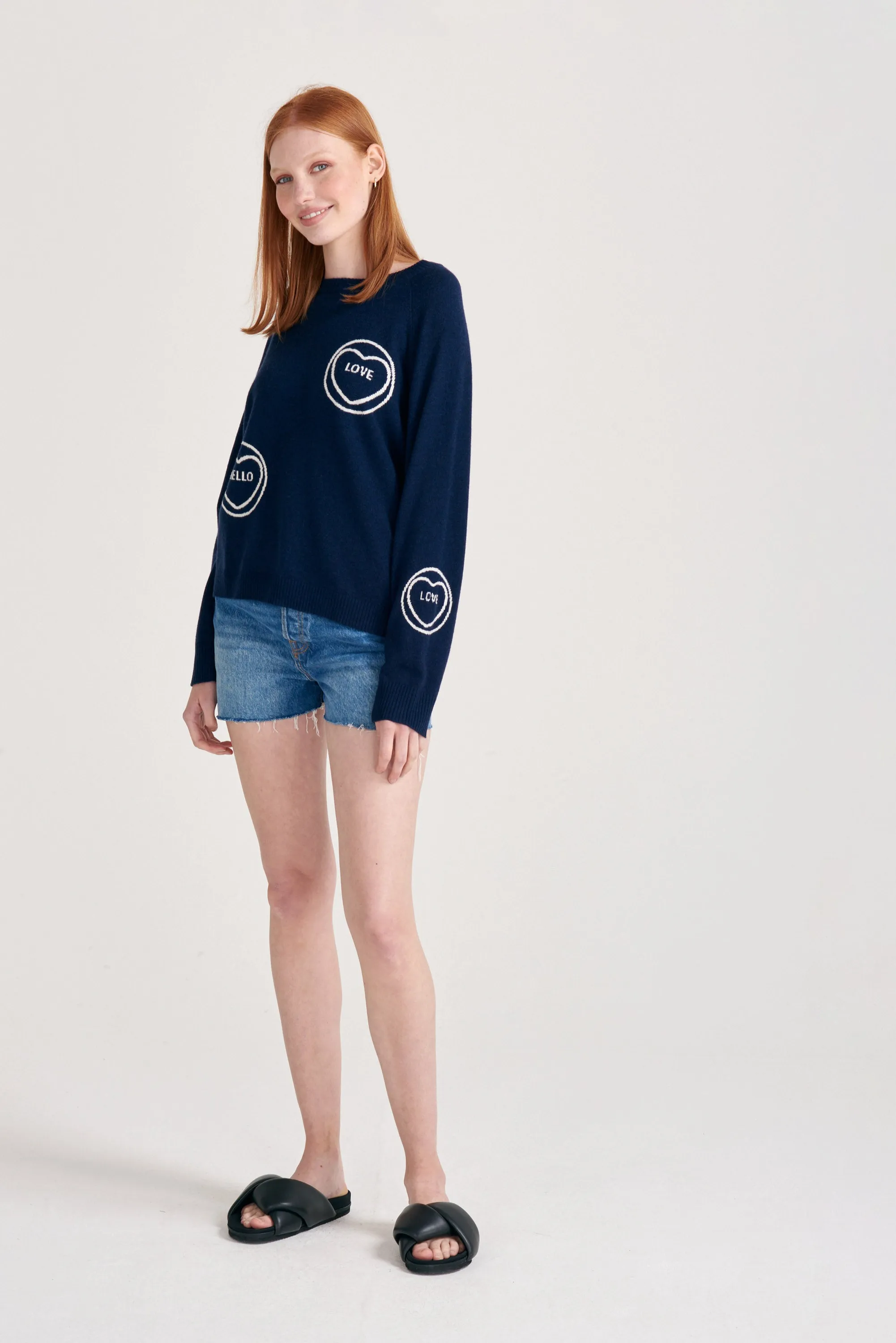 Cashmere All Over Love Hearts Sweat in Navy and Cream