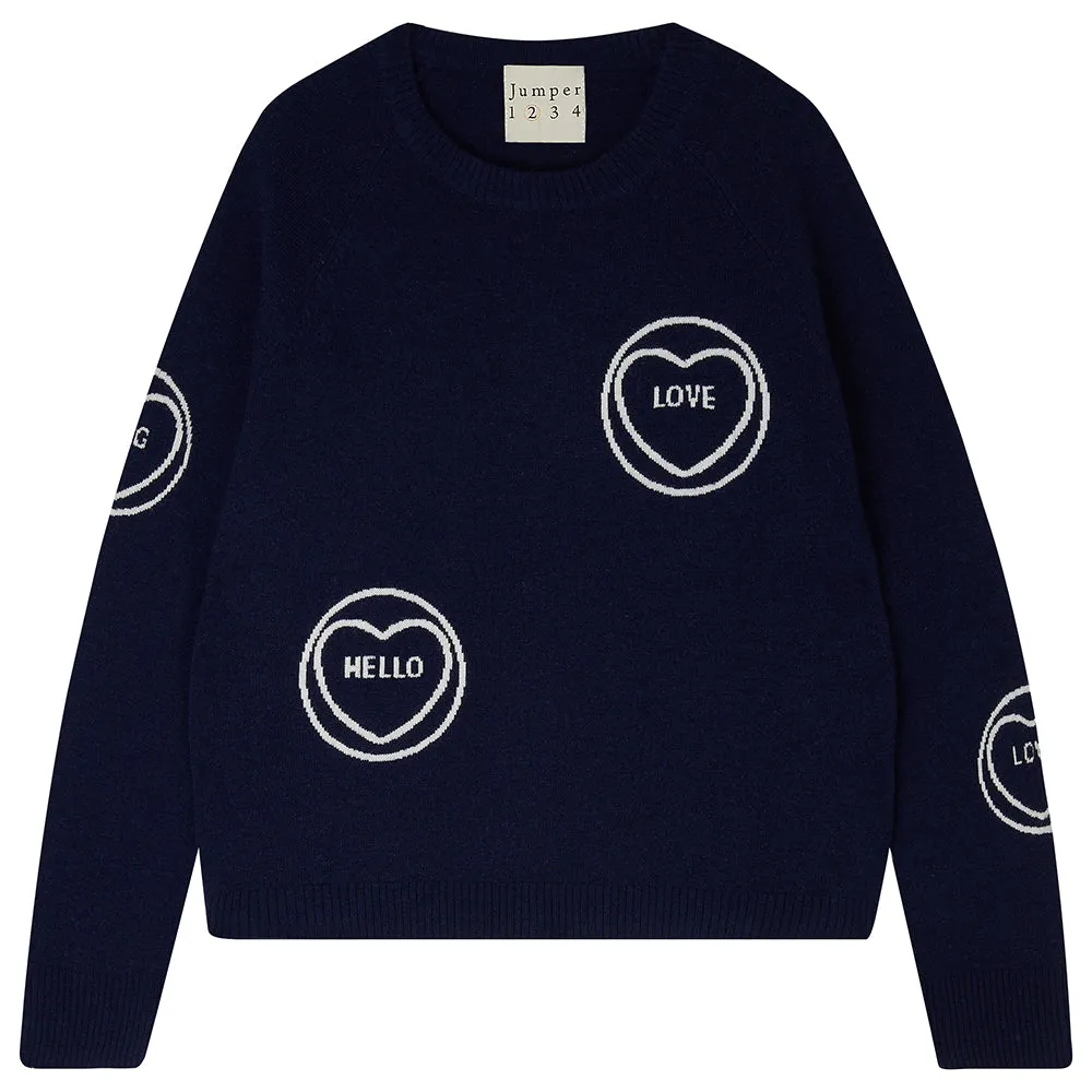 Cashmere All Over Love Hearts Sweat in Navy and Cream