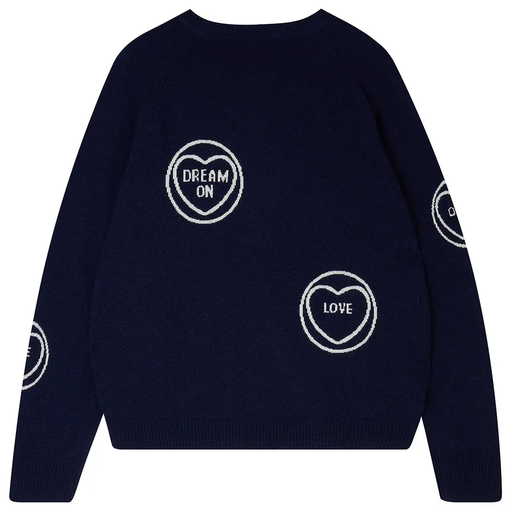 Cashmere All Over Love Hearts Sweat in Navy and Cream