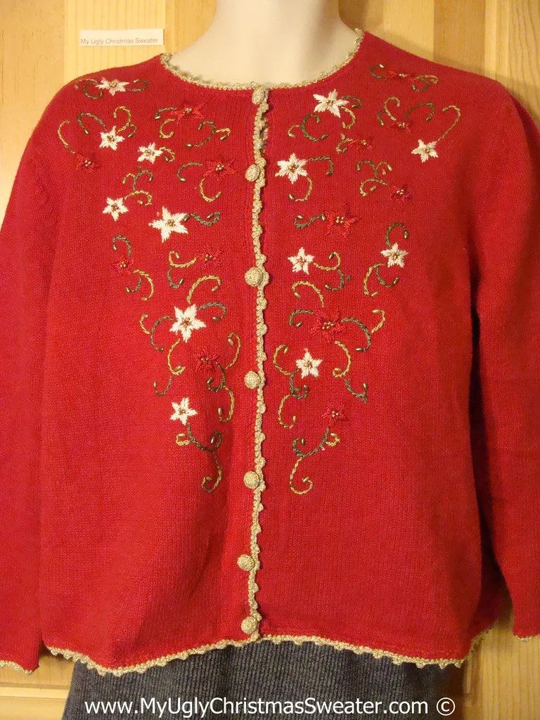 Cheap Tacky Cheesy Holiday Sweater with Red and White Poinsettias and Bead Bling (f1190)