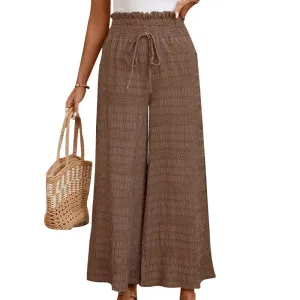 Coffee Brown Printed Wide Leg Pants with Smocked Waistband