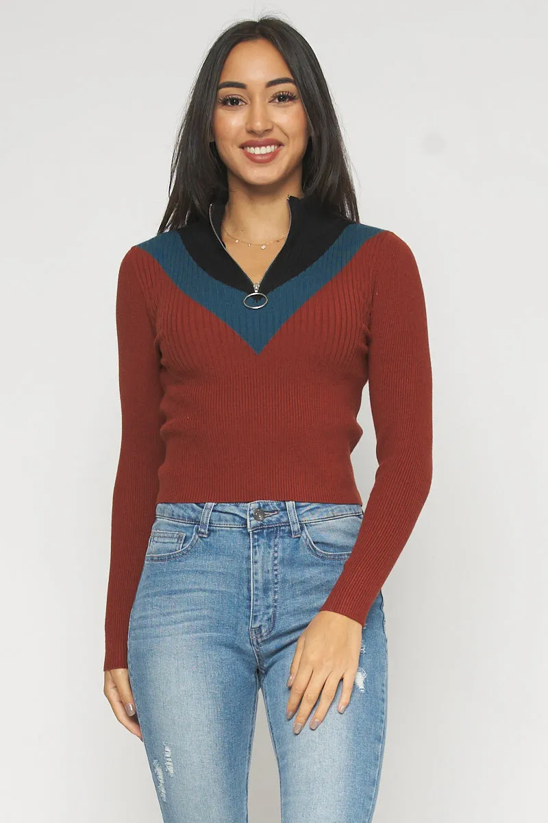 Colorblock Long Sleee Front Zipper Neckline Cable Knit Top Sweater (W9040)