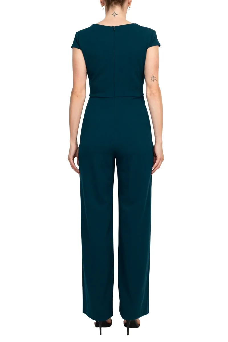 Connected Apparel Banded V-Neck Short Zipper Closure Solid Crepe Jumpsuit