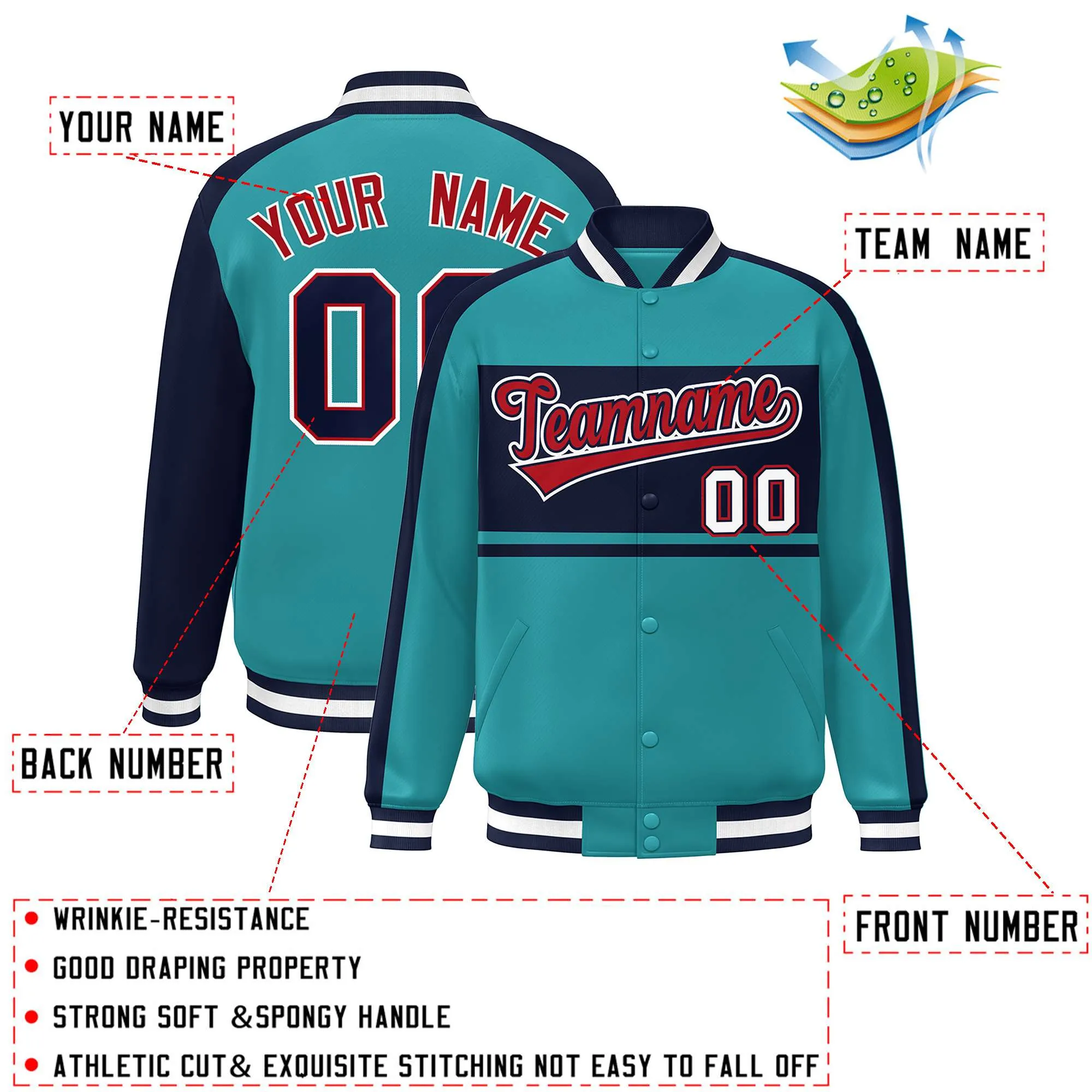 Custom Aqua Navy-Red Color Block Bomber Varsity Baseball Jacket