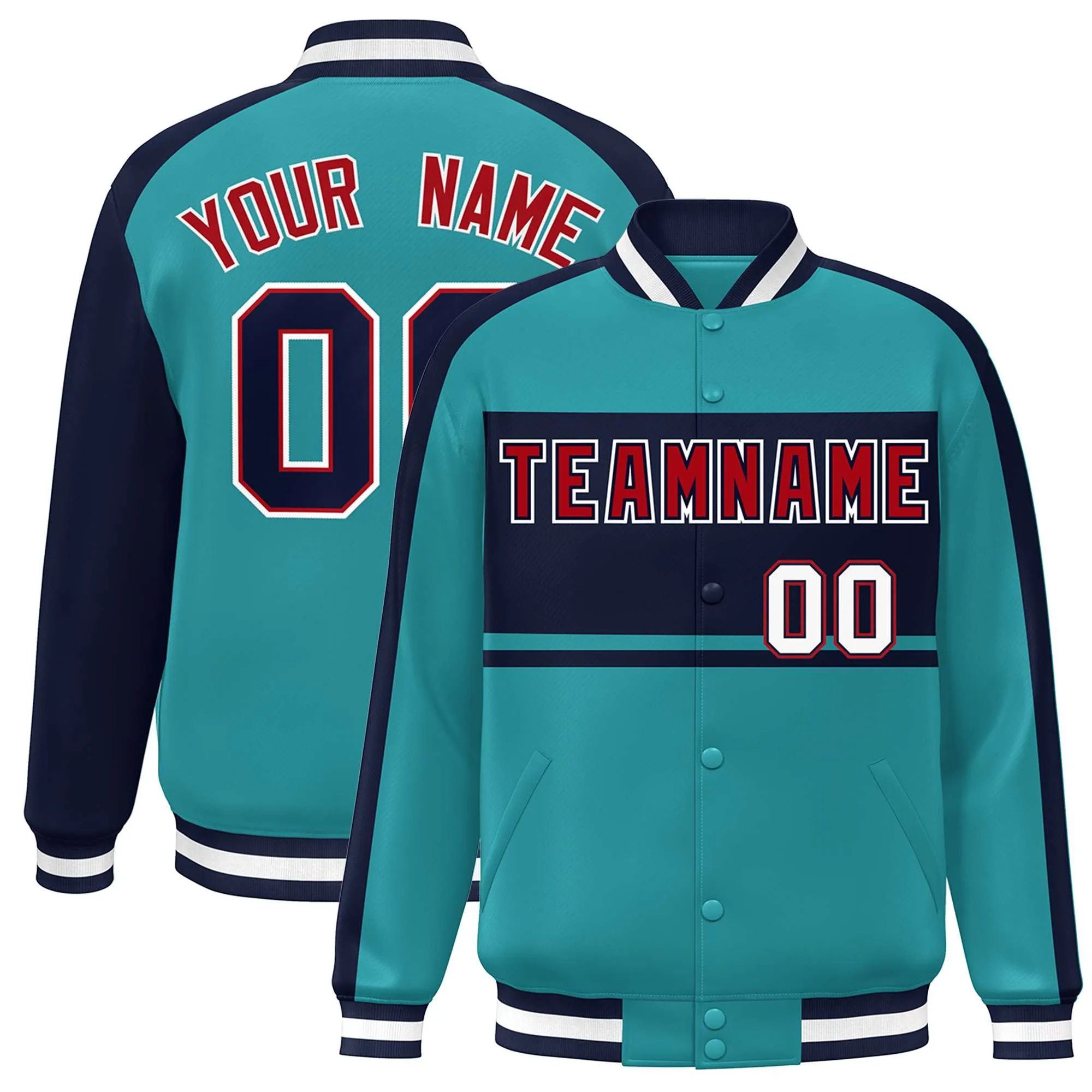 Custom Aqua Navy-Red Color Block Bomber Varsity Baseball Jacket