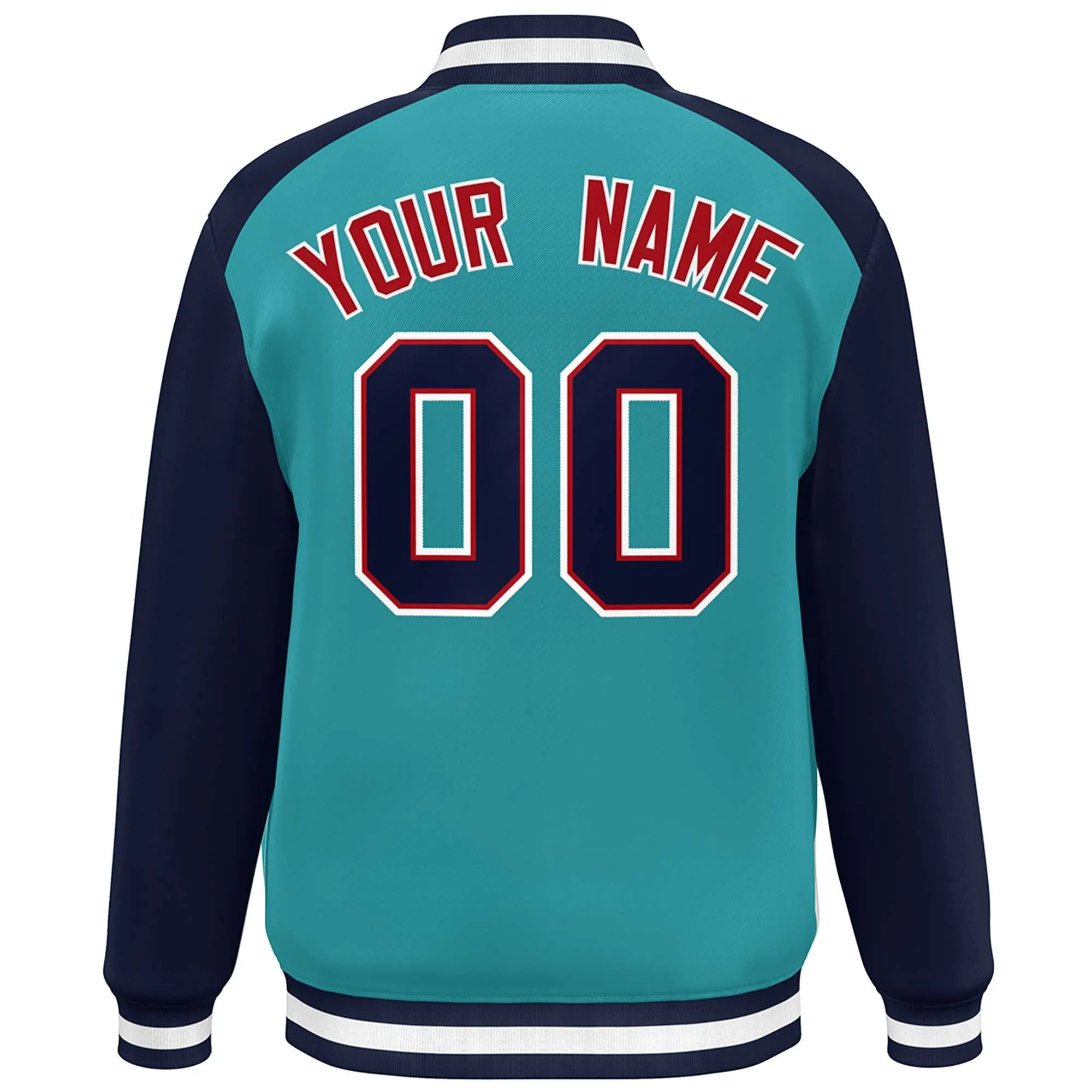 Custom Aqua Navy-Red Color Block Bomber Varsity Baseball Jacket