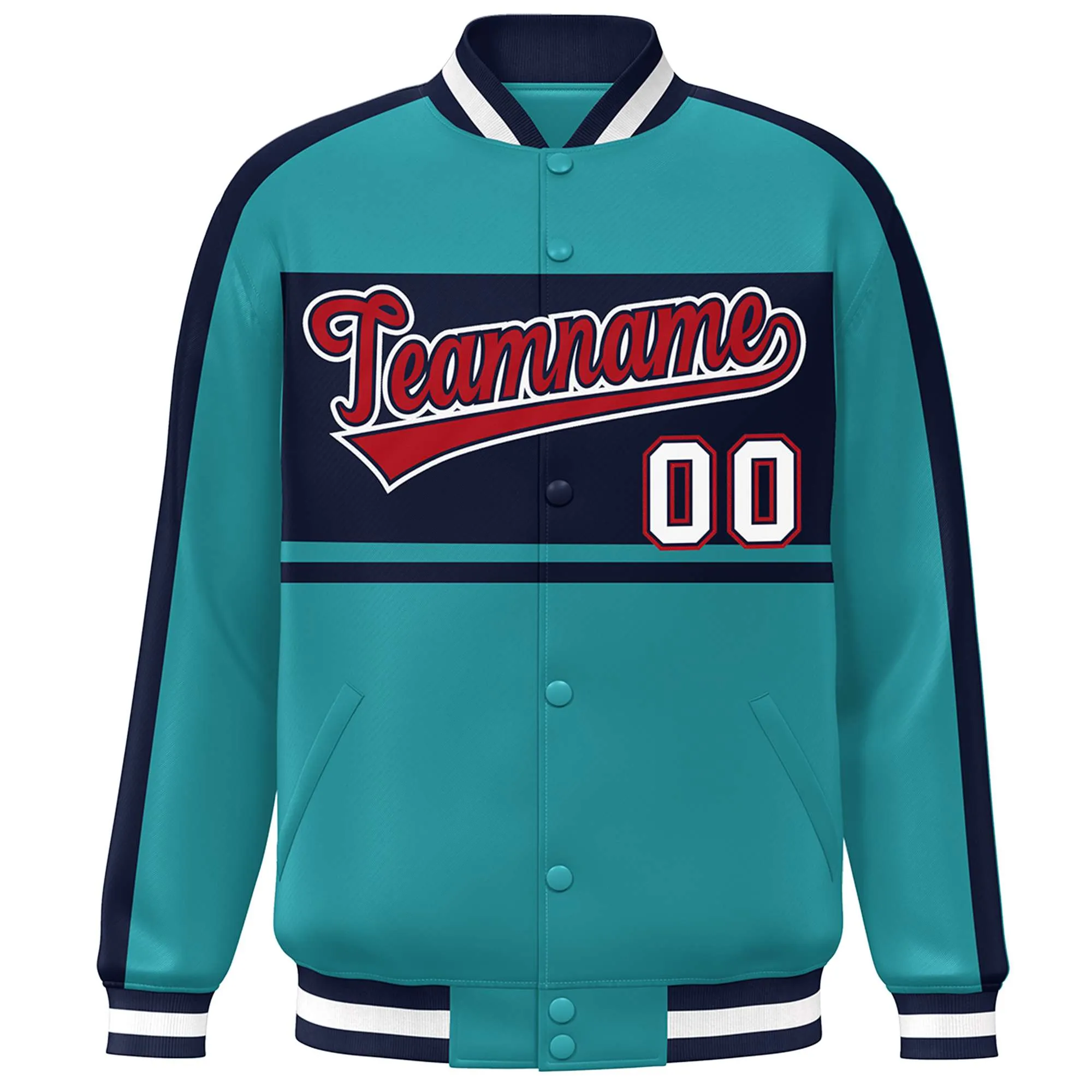 Custom Aqua Navy-Red Color Block Bomber Varsity Baseball Jacket