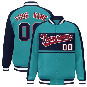 Custom Aqua Navy-Red Color Block Bomber Varsity Baseball Jacket