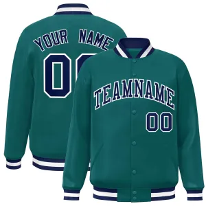 Custom Aqua Navy-White Classic Style Varsity Full-Snap Letterman Jacket