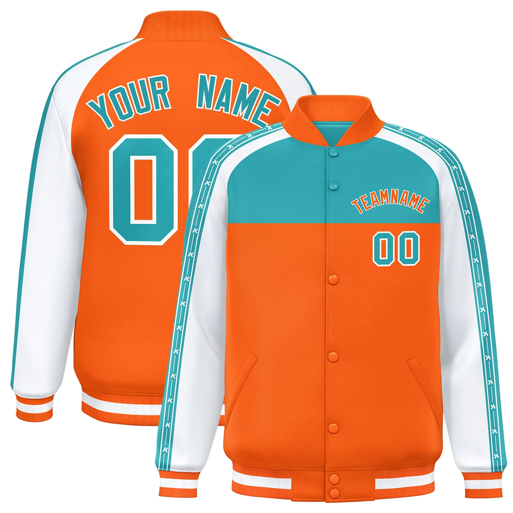 Custom Aqua Orange K-Ribbon Raglan Sleeves Varsity Full-Snap Color Block Letterman Jacket