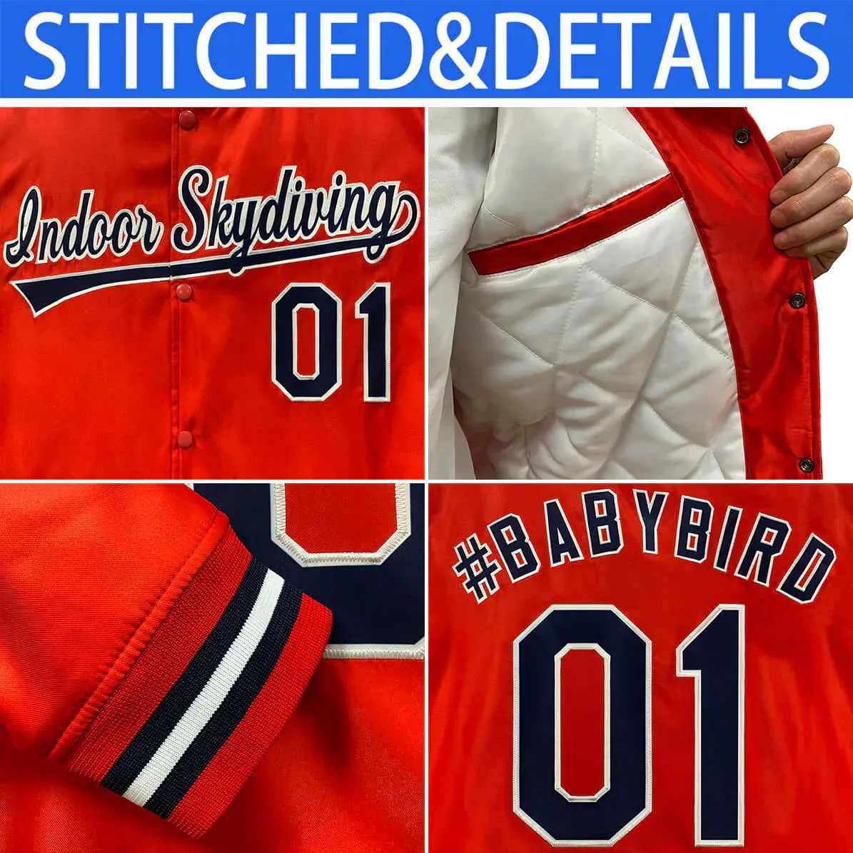 Custom Aqua Orange-White Color Block Bomber Varsity Full-Snap Baseball Jacket