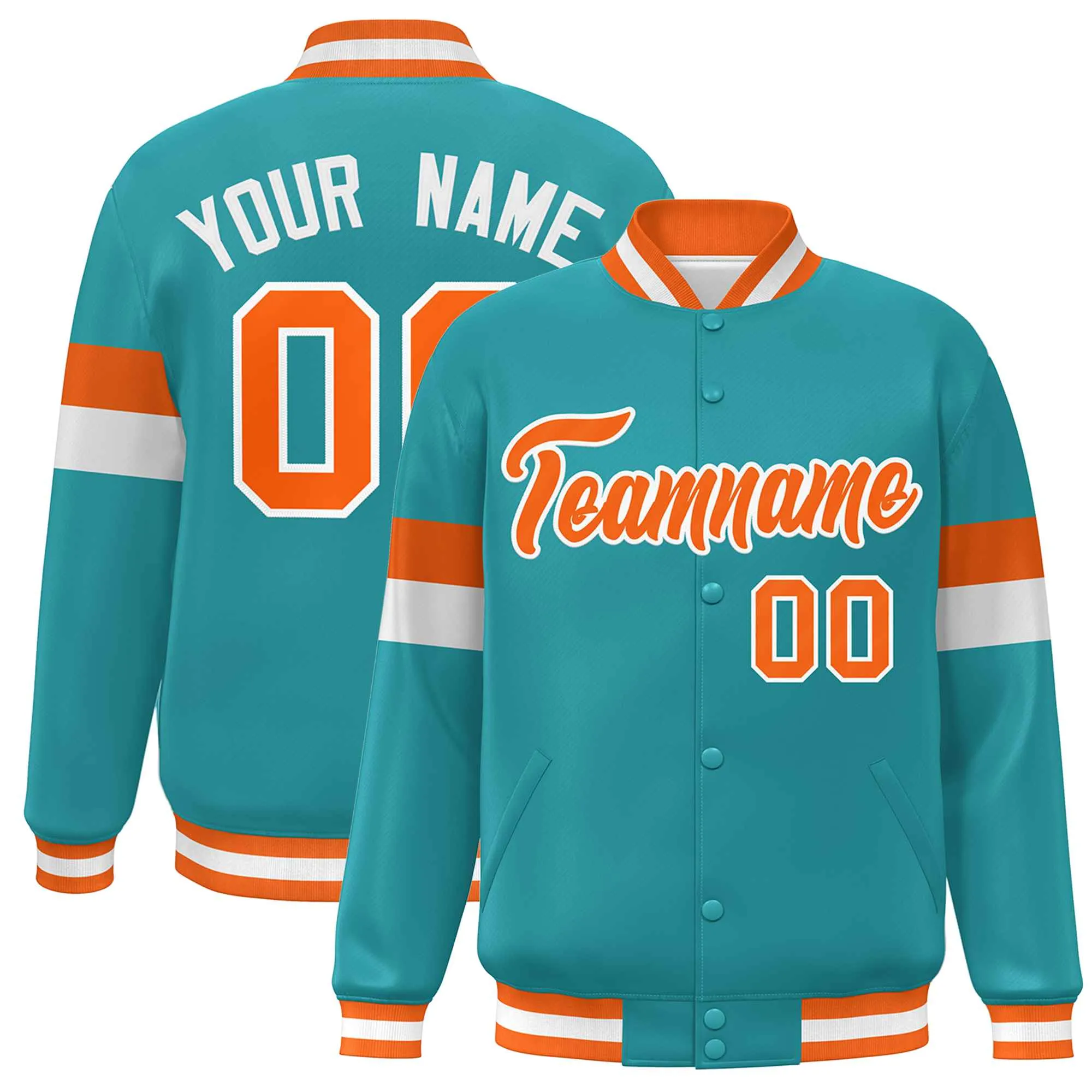 Custom Aqua Orange-White Color Block Bomber Varsity Full-Snap Baseball Jacket