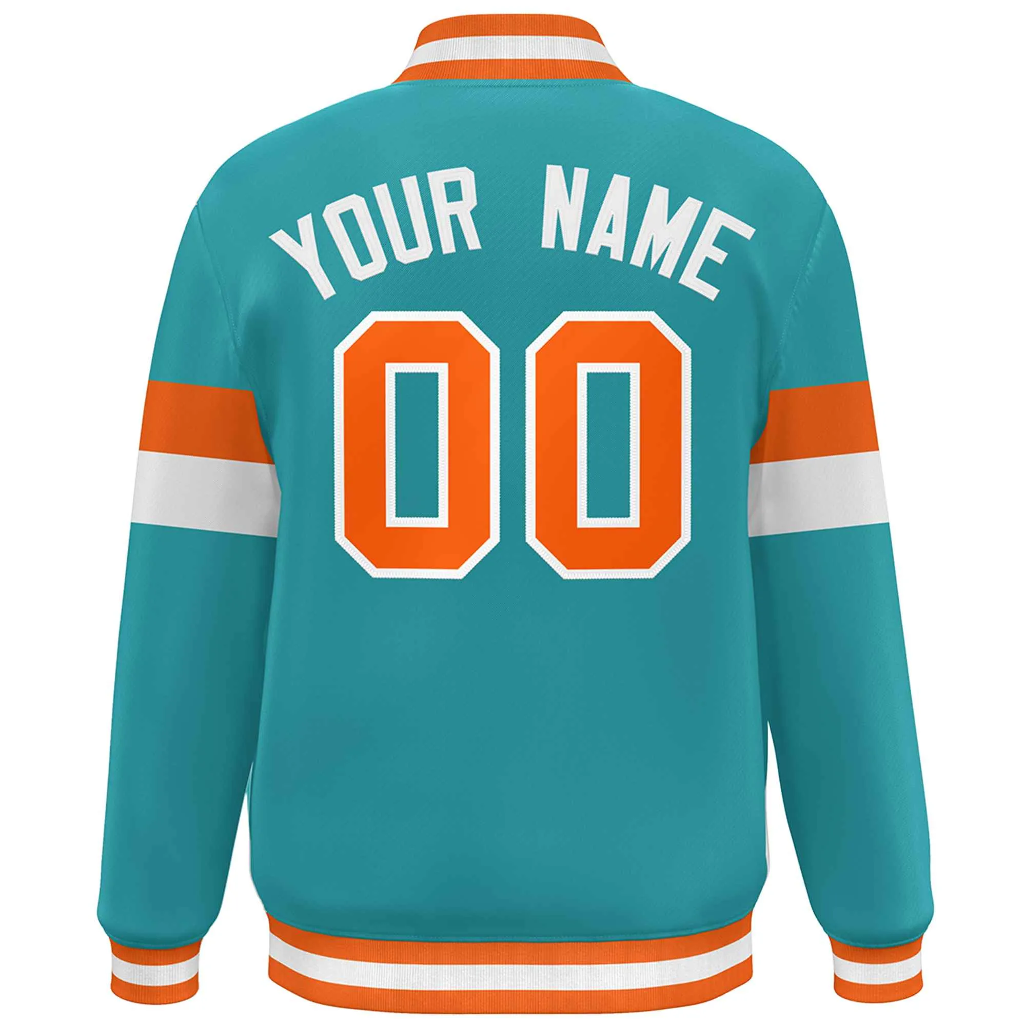 Custom Aqua Orange-White Color Block Bomber Varsity Full-Snap Baseball Jacket