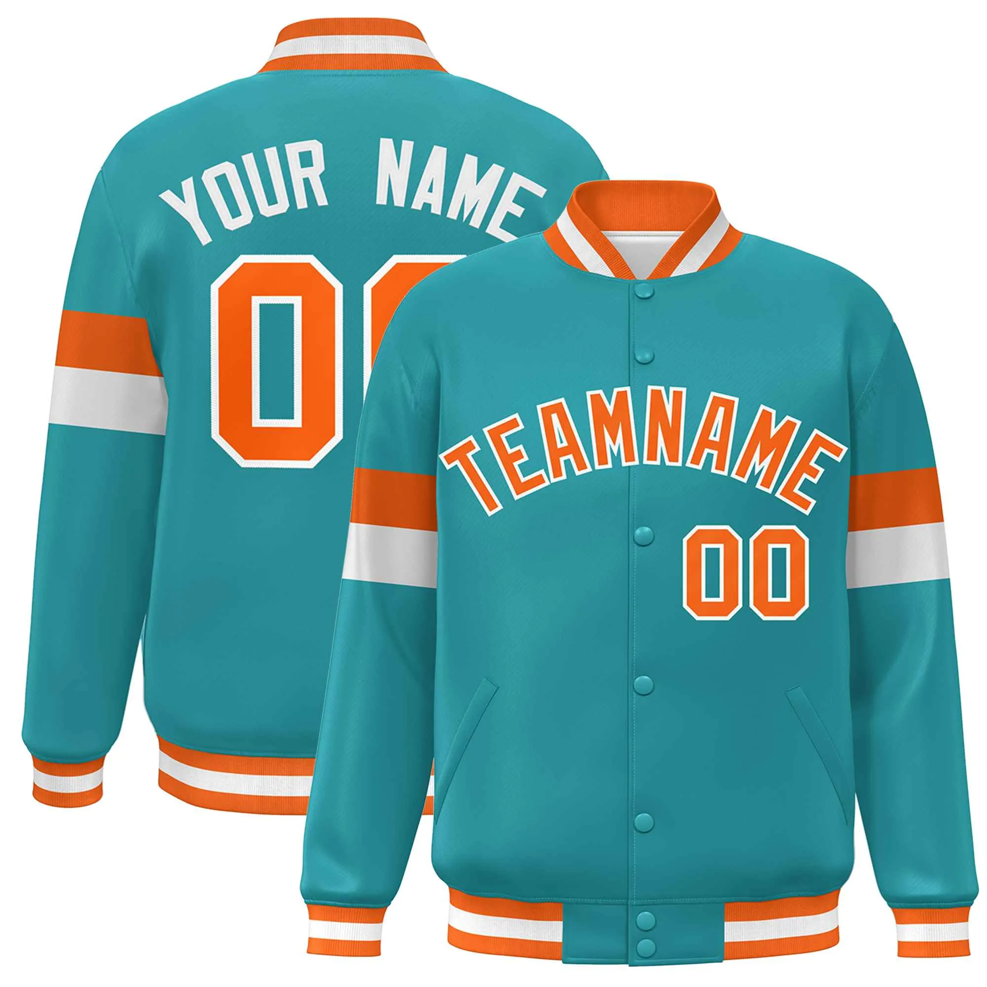 Custom Aqua Orange-White Color Block Bomber Varsity Full-Snap Baseball Jacket