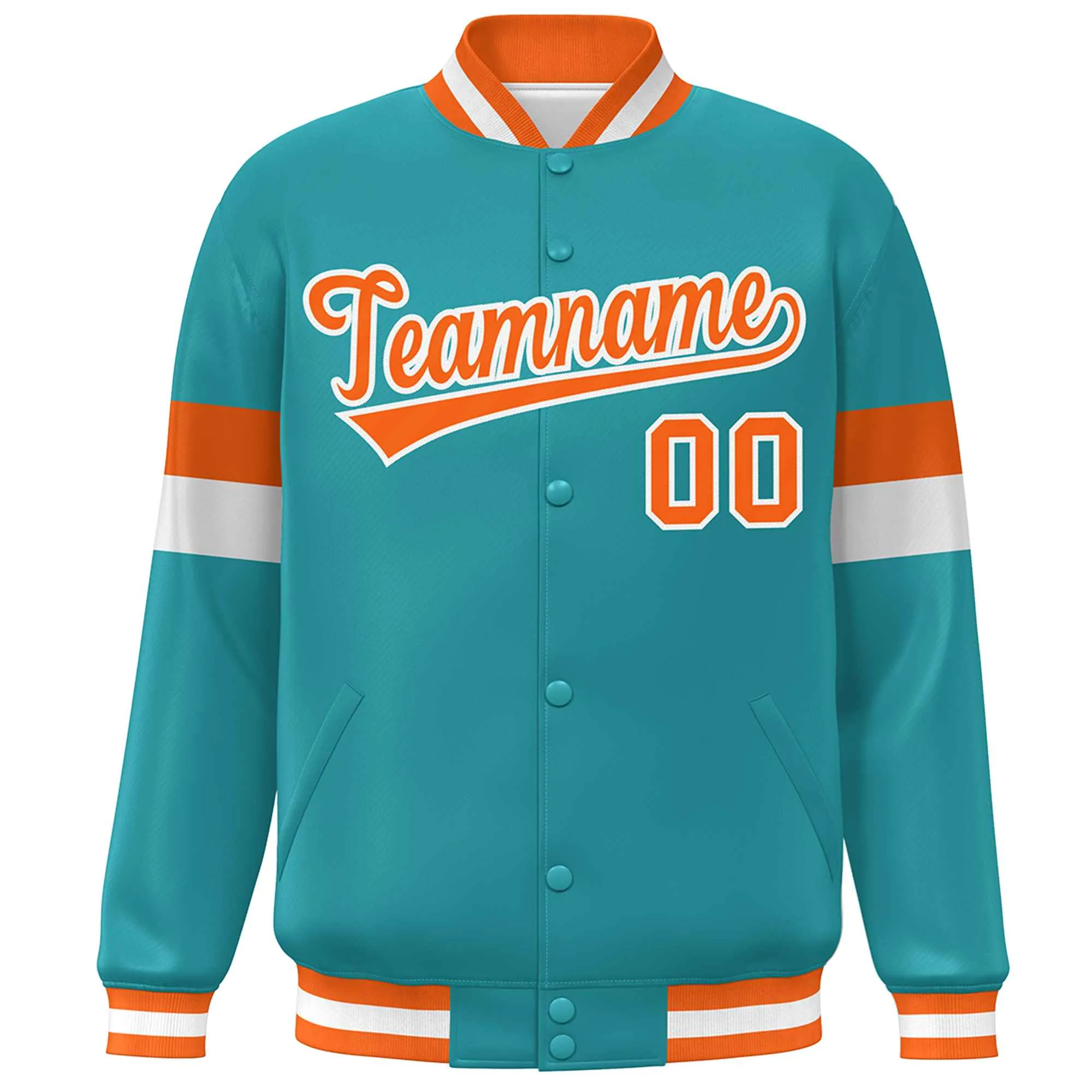 Custom Aqua Orange-White Color Block Bomber Varsity Full-Snap Baseball Jacket