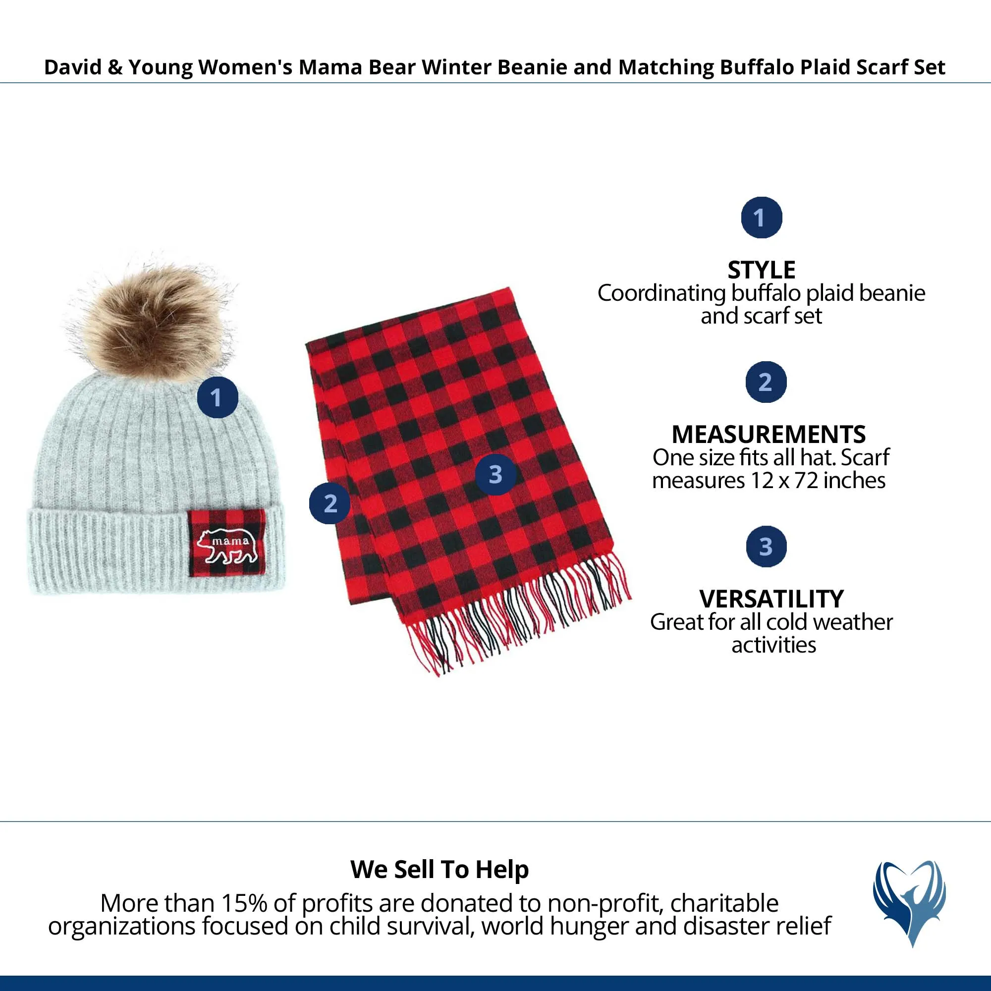 David & Young Women's Mama Bear Winter Beanie and Matching Buffalo Plaid Scarf Set