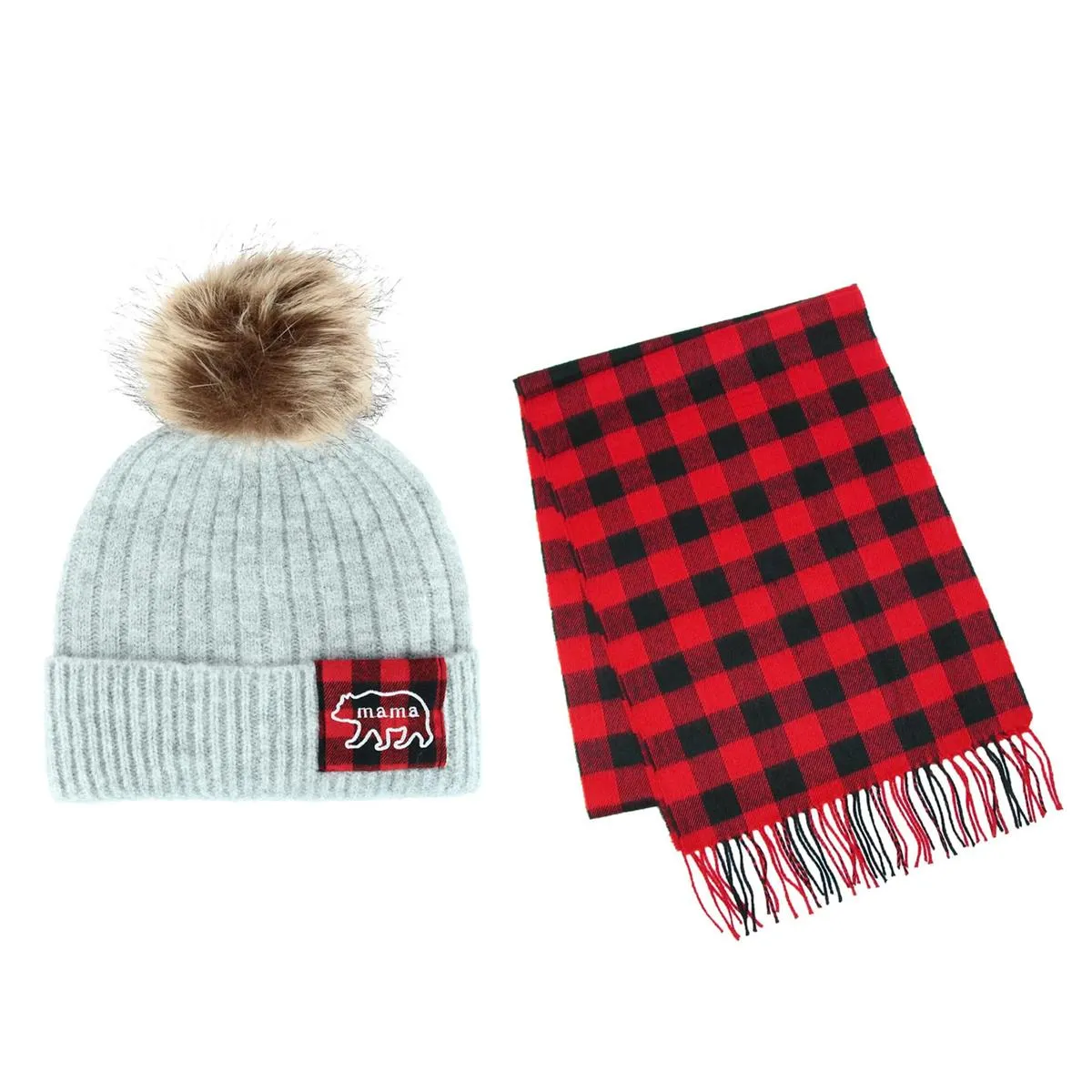 David & Young Women's Mama Bear Winter Beanie and Matching Buffalo Plaid Scarf Set