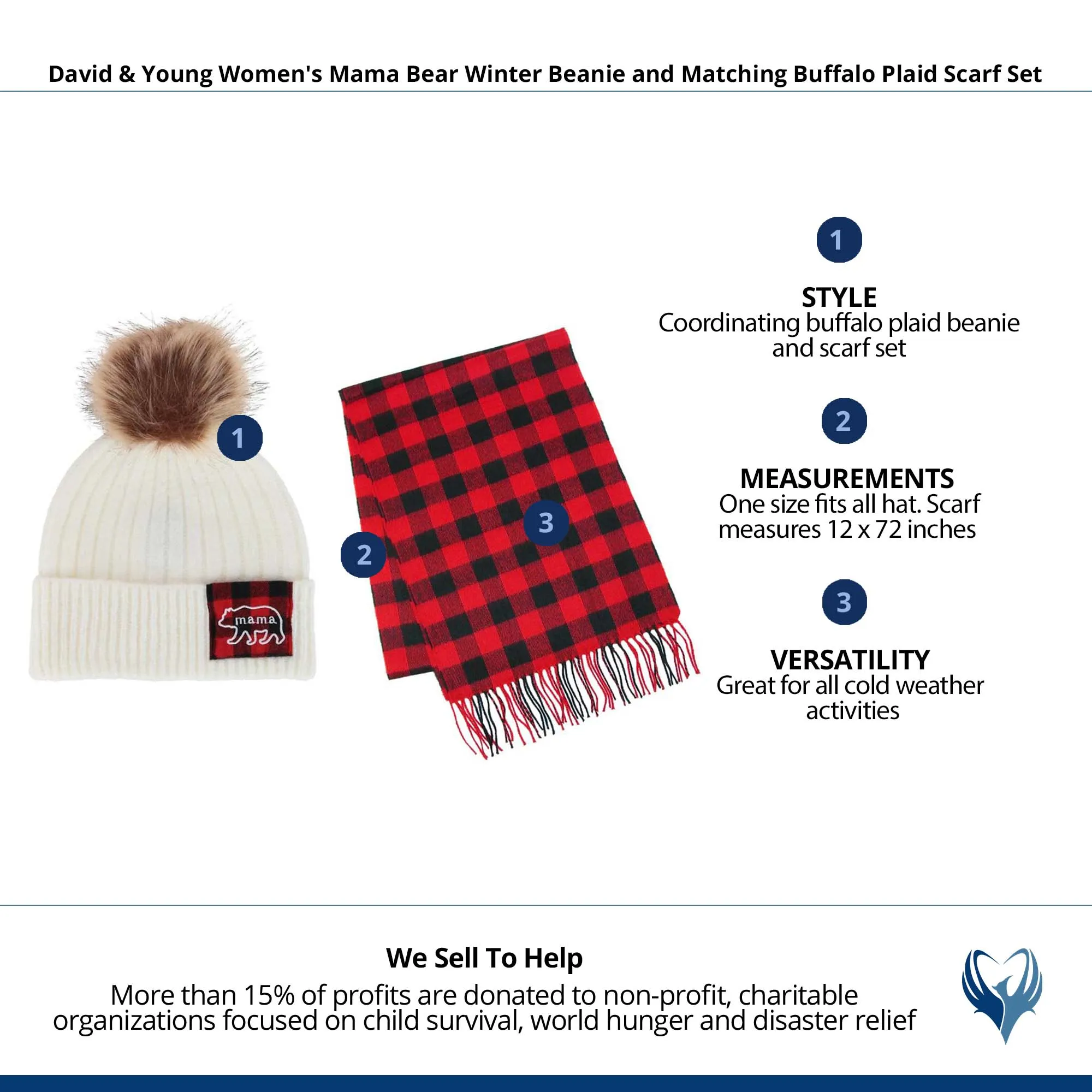 David & Young Women's Mama Bear Winter Beanie and Matching Buffalo Plaid Scarf Set