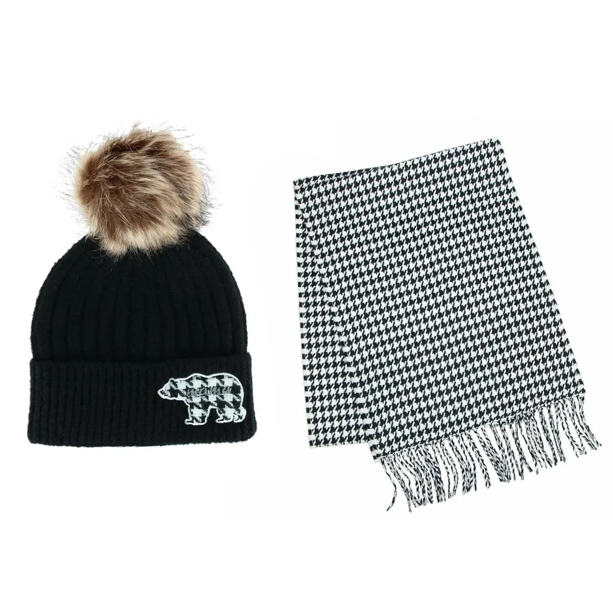 David & Young Women's Mama Bear Winter Beanie with Matching Houndstooth Scarf Set