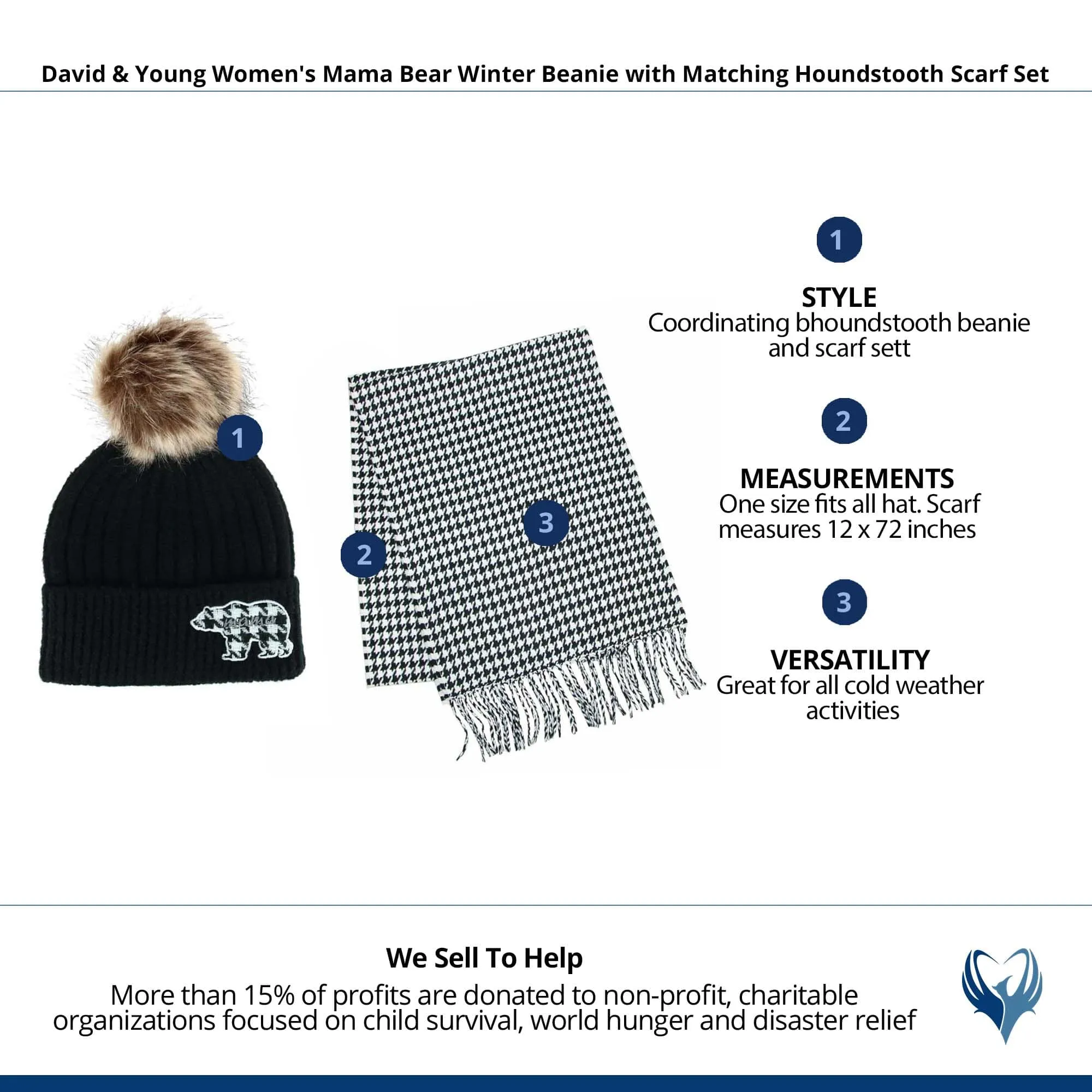 David & Young Women's Mama Bear Winter Beanie with Matching Houndstooth Scarf Set