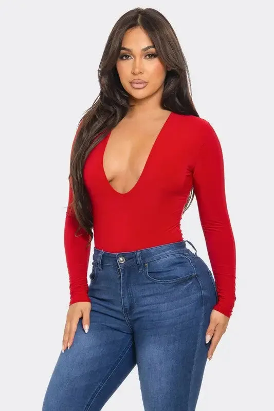 Deep V-Neck Long Sleeve Bodysuit