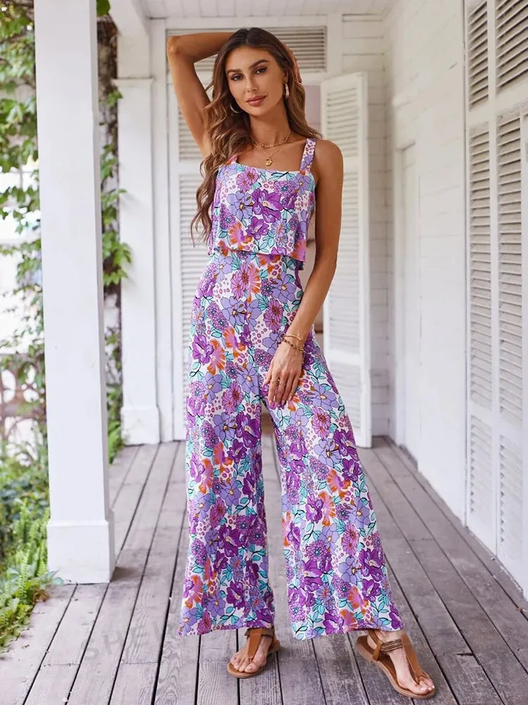 Elegant Long Jumpsuit Women Sexy Backless Wide Leg Jumpsuits Casual Sleeveless Floral Rompers Summer Clothes For Woman 2024 New