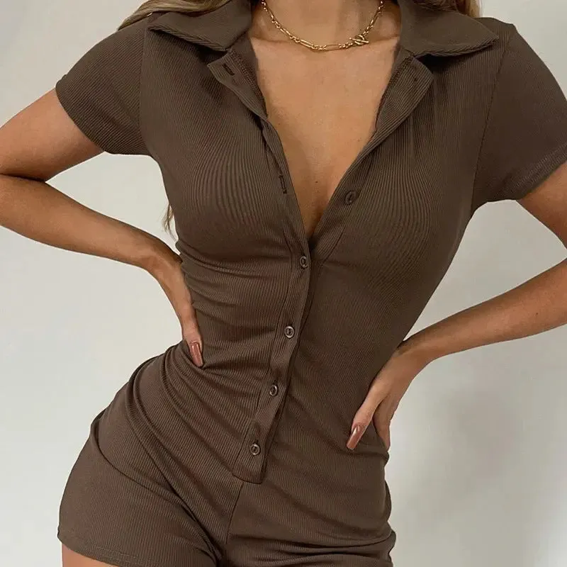 Elegant Ribbed Lapel Buttoned Slim-Fit Jumpsuit