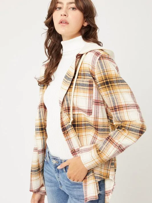 Falling Leaves, Rising Fashion - Plaid Flannel Button Up Shacket with Hood