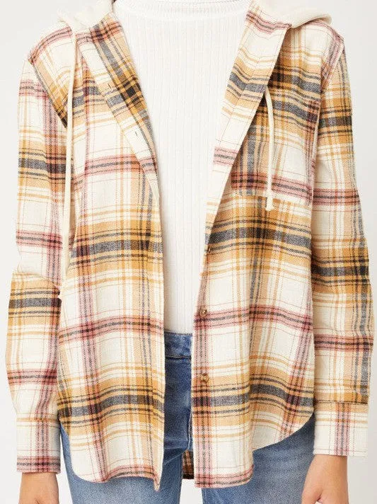 Falling Leaves, Rising Fashion - Plaid Flannel Button Up Shacket with Hood