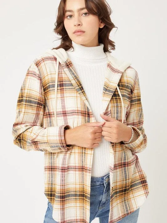 Falling Leaves, Rising Fashion - Plaid Flannel Button Up Shacket with Hood