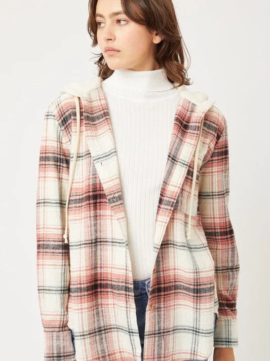 Falling Leaves, Rising Fashion - Plaid Flannel Button Up Shacket with Hood