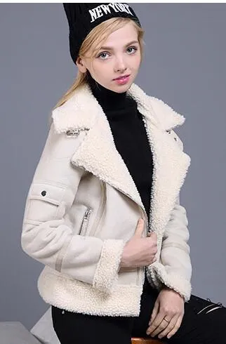 Faux Shearling Leather Jacket Women Winter  Short Motorcycle Coats