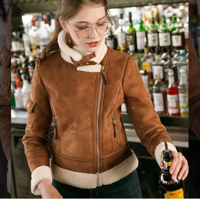 Faux Shearling Leather Jacket Women Winter  Short Motorcycle Coats