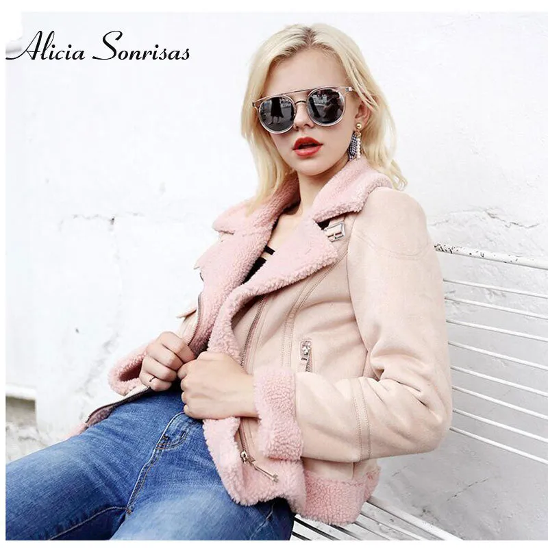 Faux Shearling Leather Jacket Women Winter  Short Motorcycle Coats