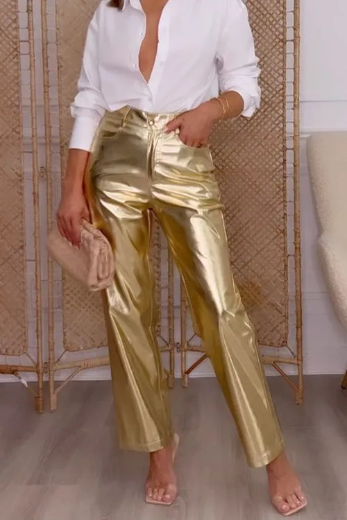 Febedress High Waist Straight Leg Shiny Faux Leather Pants