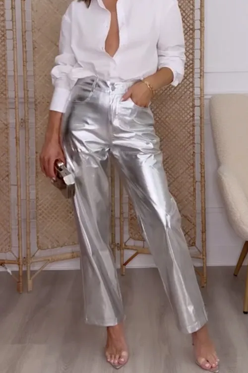 Febedress High Waist Straight Leg Shiny Faux Leather Pants