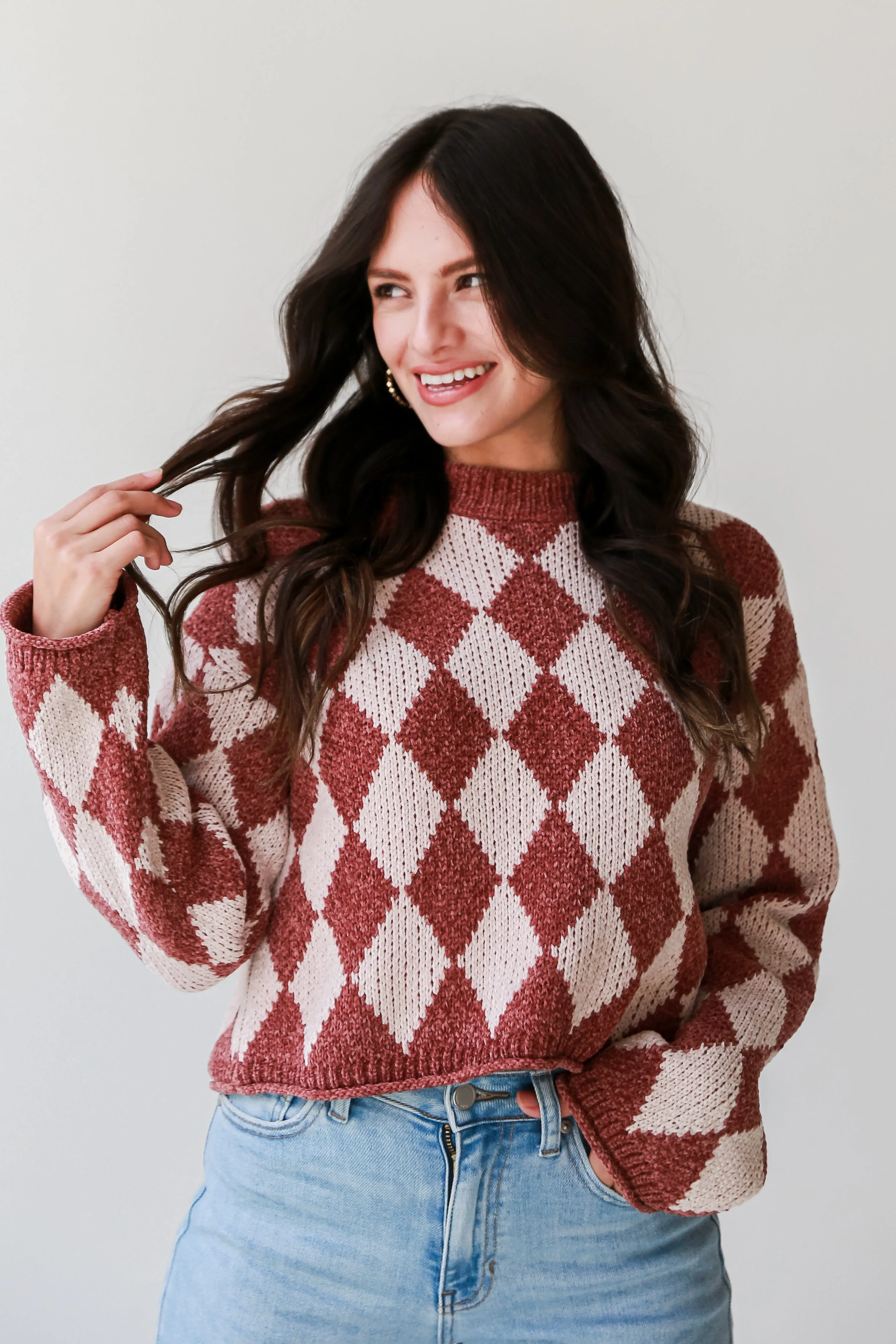 FINAL SALE - Stylish Outlook Brown Argyle Chenille Sweater