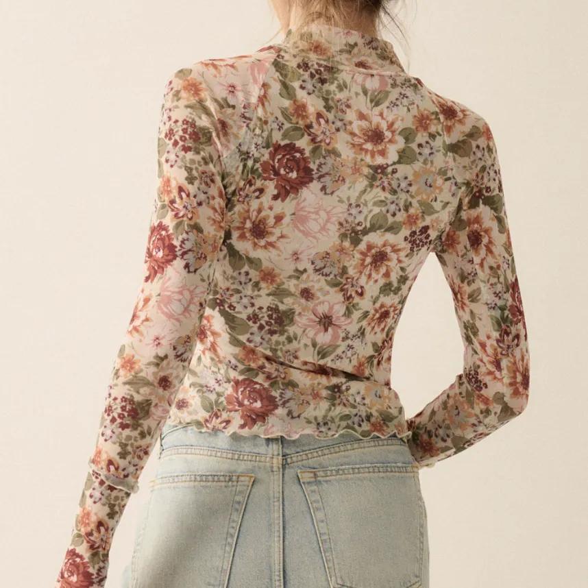 Floral Marvels Mesh Thumbhole High Neck Top