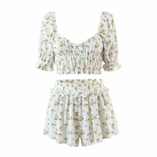 Floral Printed Women Square Neck Tops and Shorts Two-piece