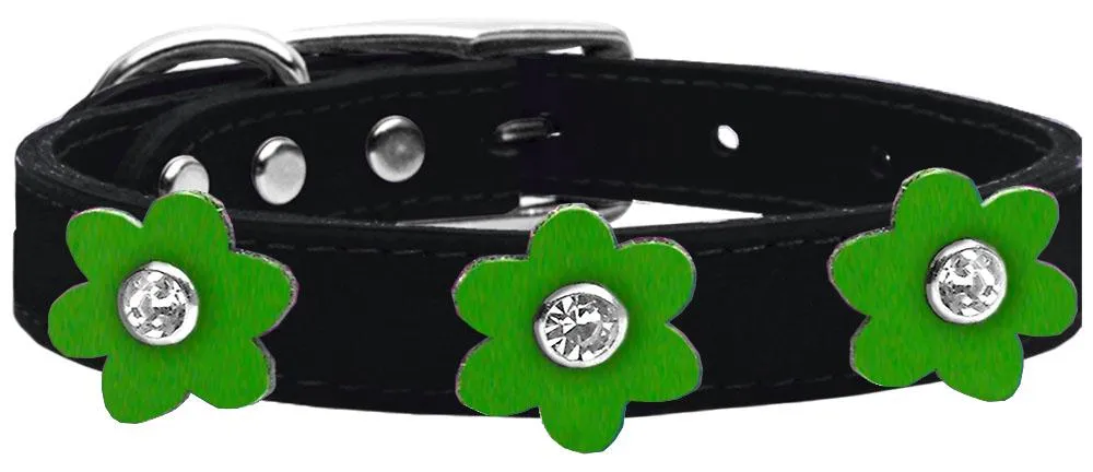 Flower Leather Collar Black With Emerald Green Flowers Size 12