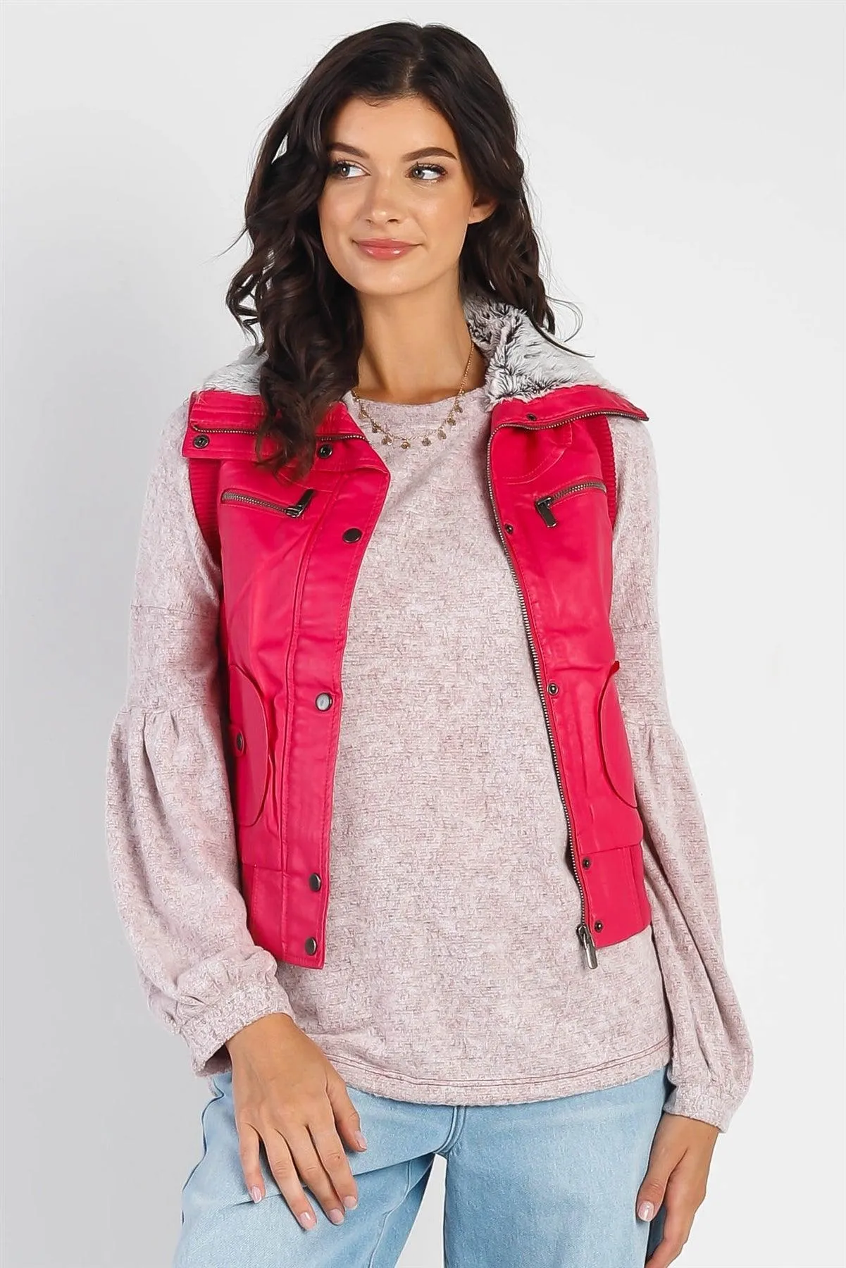 Fuchsia Vegan Leather Funnel Neck Faux Fur Lining Zip-Up Vest /2-2-2