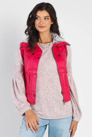 Fuchsia Vegan Leather Funnel Neck Faux Fur Lining Zip-Up Vest /2-2-2