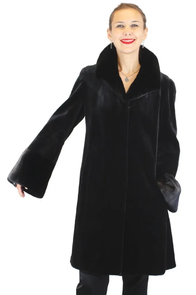 FULLY LET OUT BLACK SHEARED MINK & UNSHEARED BLACKGLAMA MINK FUR 7/8 COAT