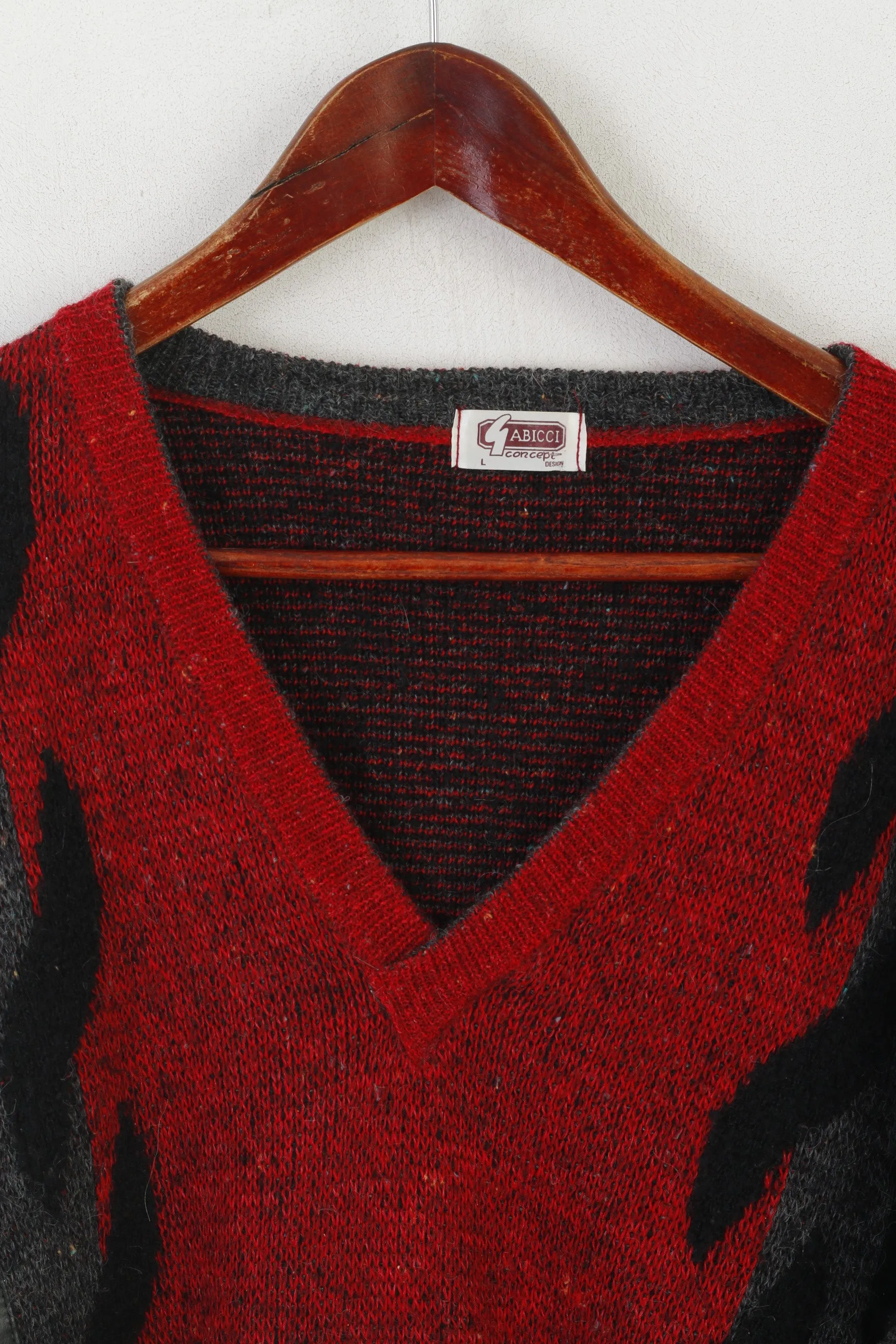 Gabicci Concept Design Men L Jumper Red Gray V Neck Vintage Classic Sweater