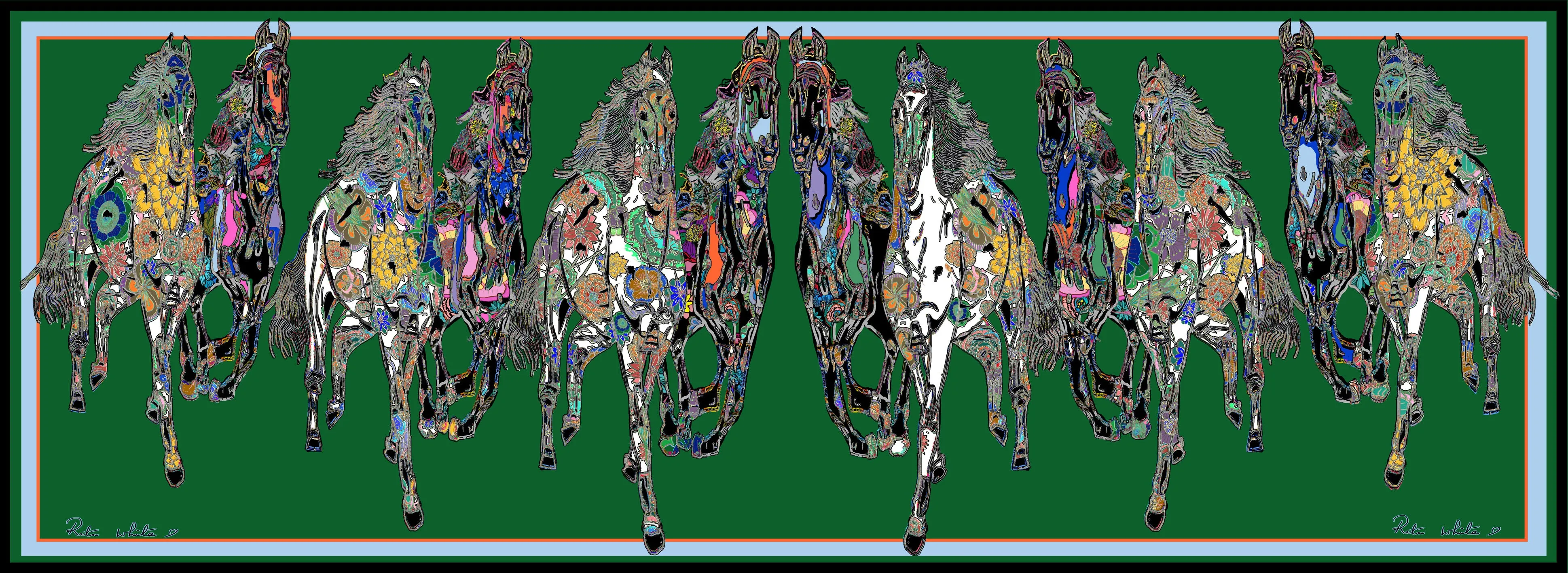 Galloping Horses in Kelly Green. Long Silk Scarves