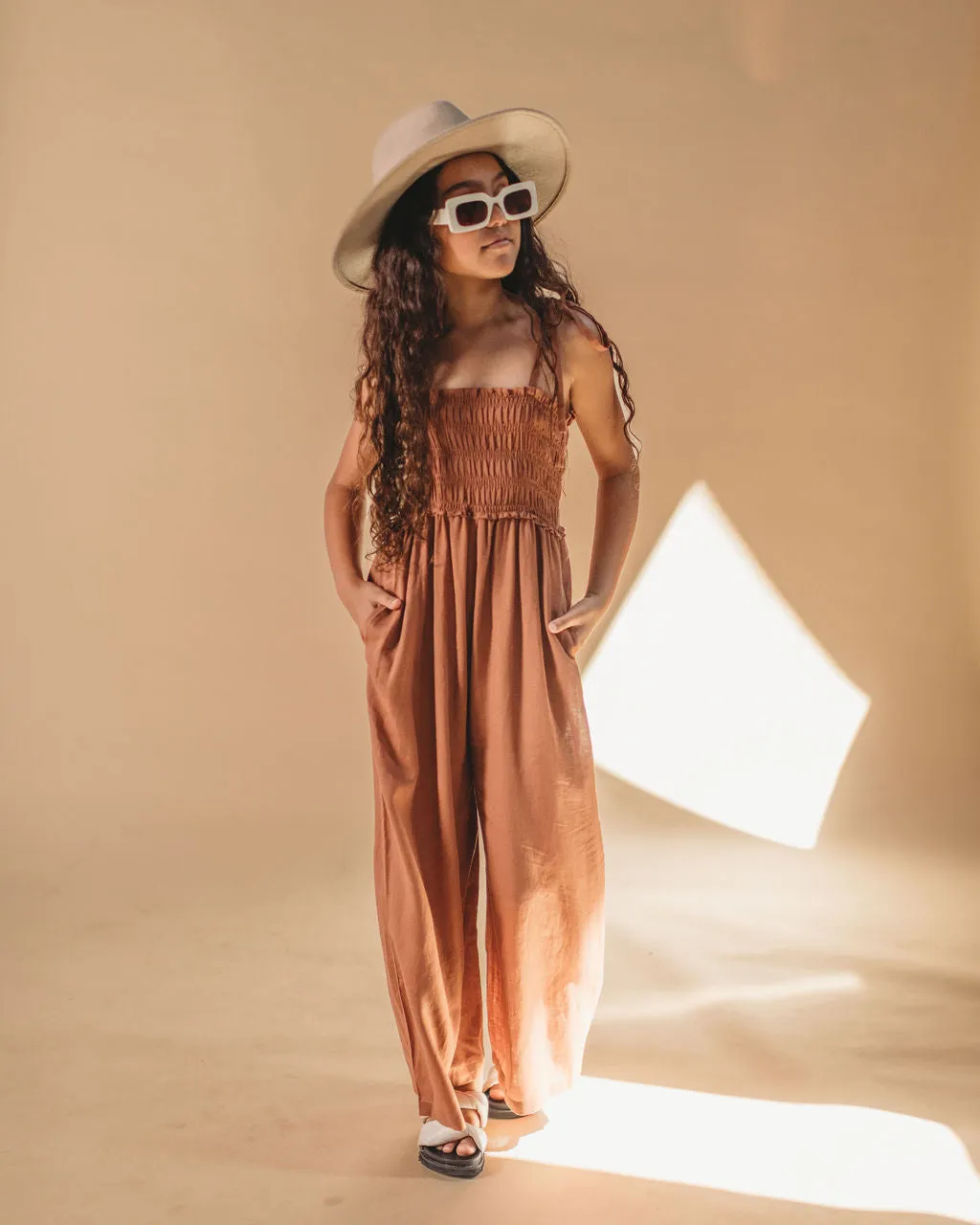 Girls Shirred Organic Linen Jumpsuit - Burnt Orange