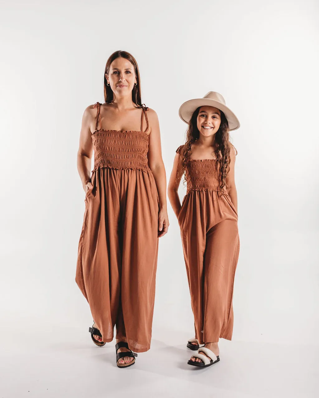 Girls Shirred Organic Linen Jumpsuit - Burnt Orange